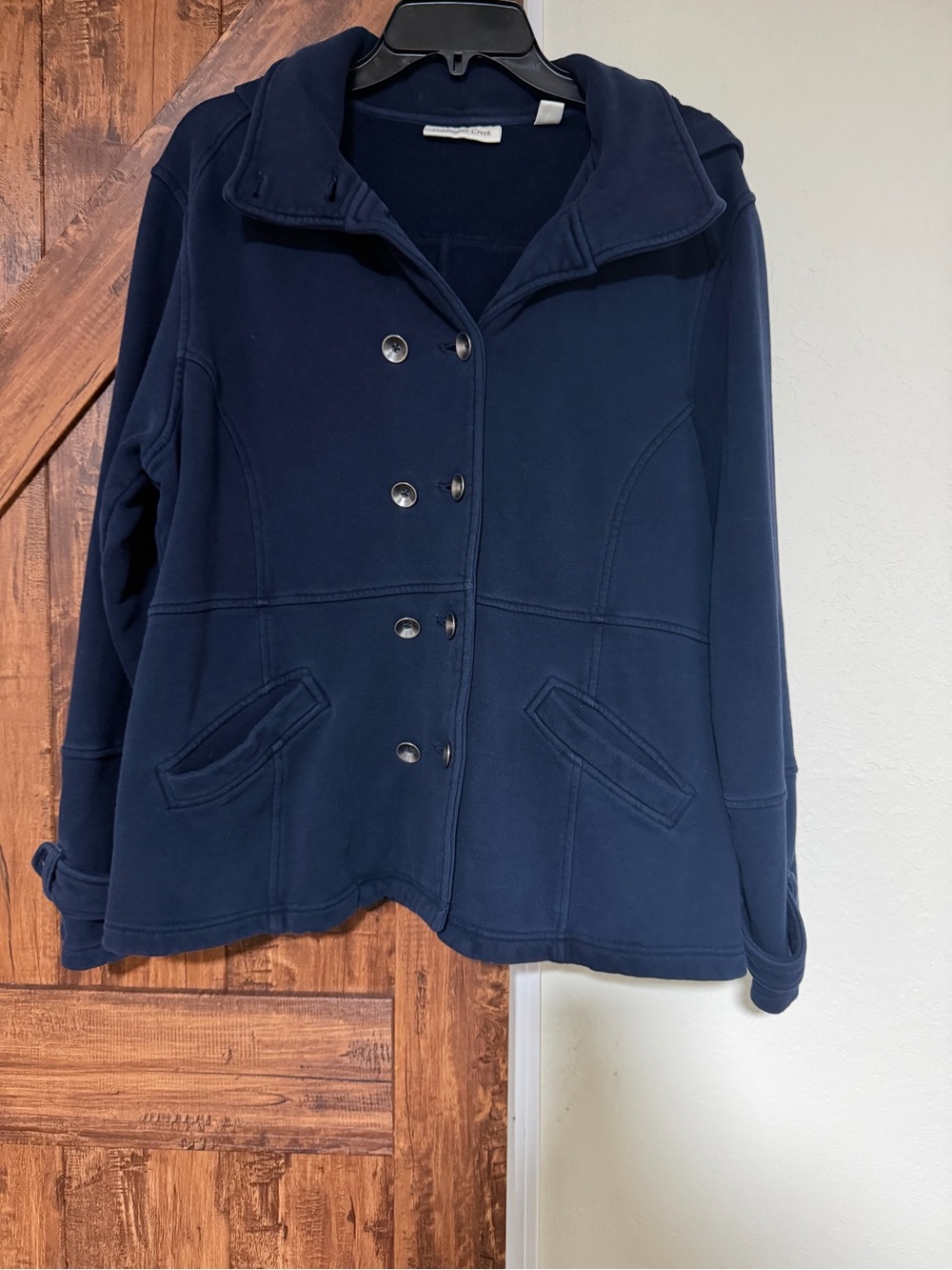 Coldwater Creek Women Navy Double-Breasted Knit Detachable hoodie Pea. Coat XL
